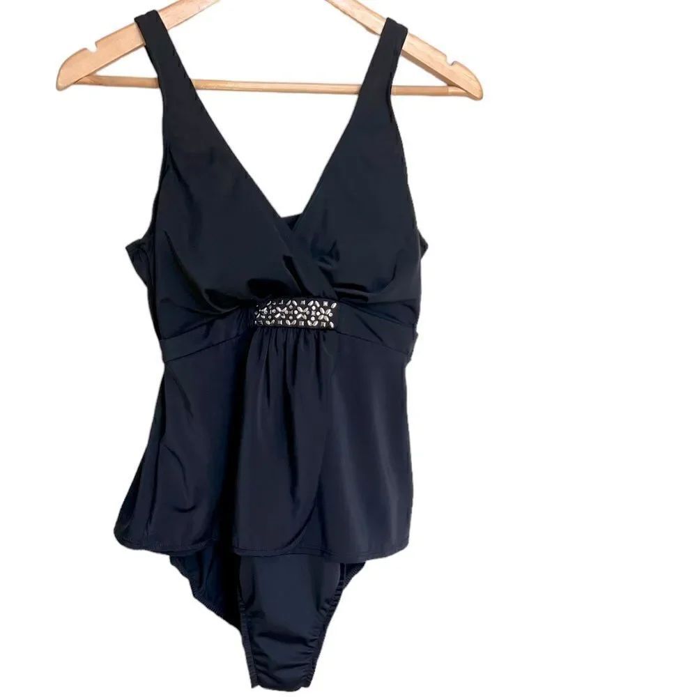 Miraclesuit Black One Piece with Skirt Embellished Size 12